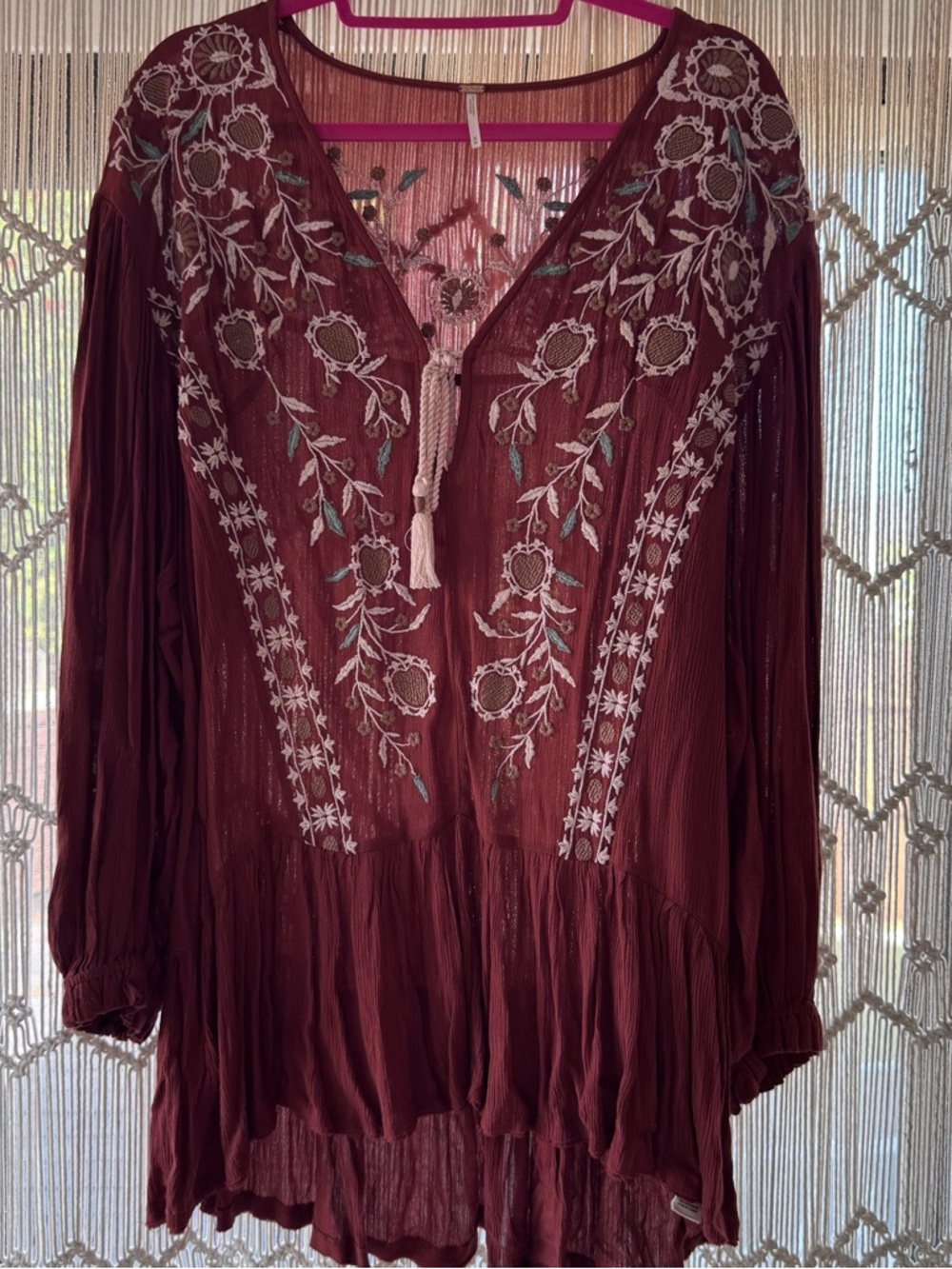 Bohemian Embroidered V-Neck Peasant Top in Burgundy
